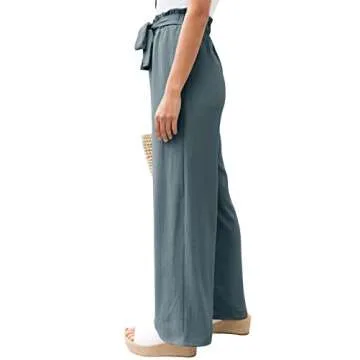 NIMIN High Waisted Work Pants for Women Summer Casual Wide Leg Pants Loose Comfy Flowy Beach Pants with Pockets Blue Grey Large