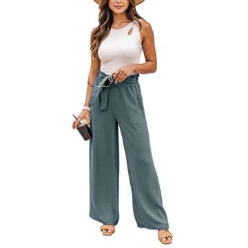 NIMIN High Waisted Work Pants for Women Summer Casual Wide Leg Pants Loose Comfy Flowy Beach Pants with Pockets Blue Grey Large