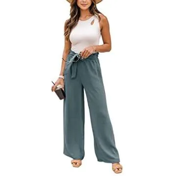 NIMIN High Waisted Work Pants for Women Summer Casual Wide Leg Pants Loose Comfy Flowy Beach Pants with Pockets Blue Grey Large