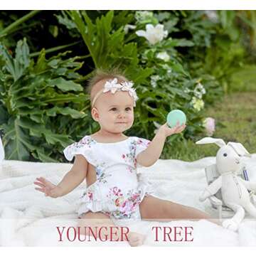YOUNGER TREE Baby Girls Cotton Vintage Floral Romper Set Ruffle Sleeve Solid Color With Headband