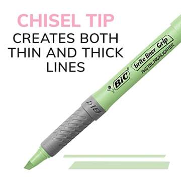 BIC Brite Liner Grip Highlighters; Chisel Tip (1.6mm); Assorted Pastel and Fluorescent; For Broad Highlighting & Fine Underlining; 12-Count