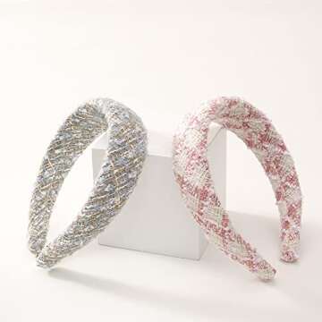 OIL FREE Tweed Padded Headband for Women, Multicolour Cotton-blend Hair Band, Retro-inspired 3D Sponge Cushion Headband, Fashion Hair Accessory (Tweed Plaid - Icecream Pink)