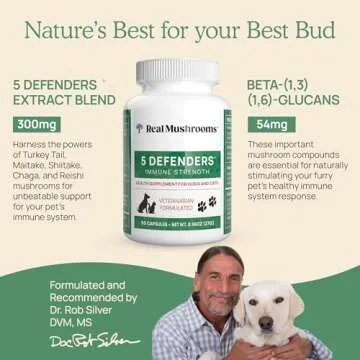 5 Defenders Mushroom Supplements for Cat Dog Vitamins Health Support with Chaga, Shiitake, Reishi Turkey Tail - Vet-Approved Powder Capsules 90ct