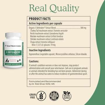 5 Defenders Mushroom Supplements for Cat Dog Vitamins Health Support with Chaga, Shiitake, Reishi Turkey Tail - Vet-Approved Powder Capsules 90ct
