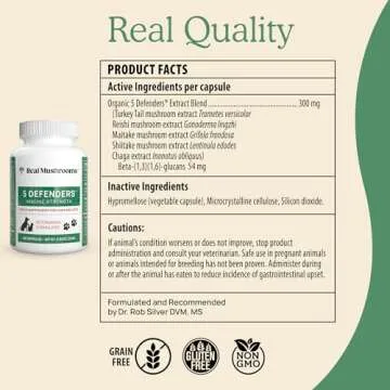 5 Defenders Mushroom Supplements for Cat Dog Vitamins Health Support with Chaga, Shiitake, Reishi Turkey Tail - Vet-Approved Powder Capsules 90ct
