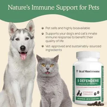 5 Defenders Mushroom Supplements for Cat Dog Vitamins Health Support with Chaga, Shiitake, Reishi Turkey Tail - Vet-Approved Powder Capsules 90ct