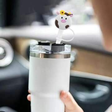Straw Cover Cap for Stanley Cup 30 Oz 40 Oz Tumblers - 10mm Cute Cow Straw Tips Covers,Silicone Stra...