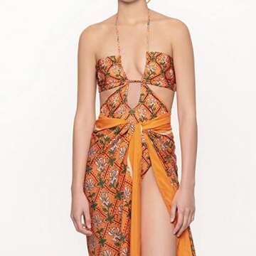 IDOPIP Women's Floral Print One Piece Swimsuit with Beach Cover up Wrap Skirt Sarong Halter Cutout Monokini Swimwear Sarong Coverups Two Piece Bathing Suits Bikini Set Beachwear Orange - Halter S