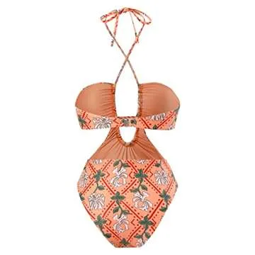 IDOPIP Women's Floral Print One Piece Swimsuit with Beach Cover up Wrap Skirt Sarong Halter Cutout Monokini Swimwear Sarong Coverups Two Piece Bathing Suits Bikini Set Beachwear Orange - Halter S
