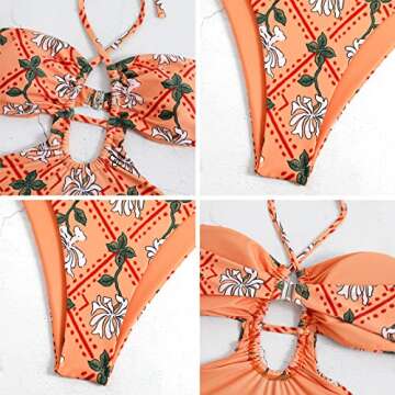 IDOPIP Women's Floral Print One Piece Swimsuit with Beach Cover up Wrap Skirt Sarong Halter Cutout Monokini Swimwear Sarong Coverups Two Piece Bathing Suits Bikini Set Beachwear Orange - Halter S