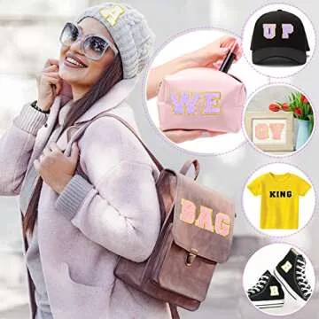 104 Pcs Chenille Letter Patches Self Adhesive Letters Rainbow Self Adhesive Chenille Embroidered Cloth Sticker Assorted-Color Rose Patches for Jeans Embroidered Applique