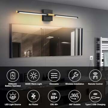 Morauroral Battery Operated Wall Sconces Set of 2, Dimmable Battery Wall Sconce with Remote Control, Black Gold LED Rechargeable Sconces, 24 Inch Modern Wireless Wall Lights for Bedroom, Living Room