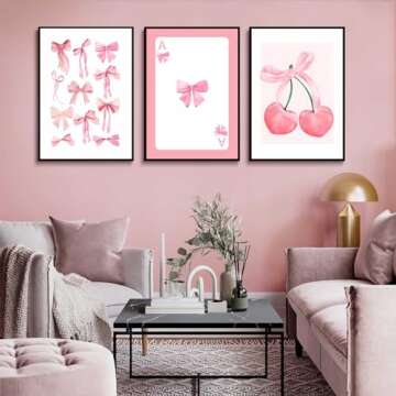 3Pcs Trendy Pink Bows Wall Art Preppy Watercolor Bows Canvas Posters Prints Girly Aesthetic Wall Dec...