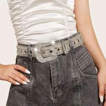 NociHah Silver Rhinestone-Belt Western-Cowgirl-Cowboy-Belts Vintage Bling Crystal Diamond Studded-Leather-Belt for Jean Pants (Silver)