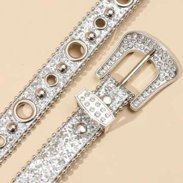 NociHah Silver Rhinestone-Belt Western-Cowgirl-Cowboy-Belts Vintage Bling Crystal Diamond Studded-Leather-Belt for Jean Pants (Silver)