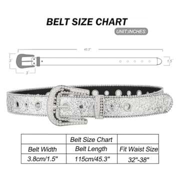 NociHah Silver Rhinestone-Belt Western-Cowgirl-Cowboy-Belts Vintage Bling Crystal Diamond Studded-Leather-Belt for Jean Pants (Silver)