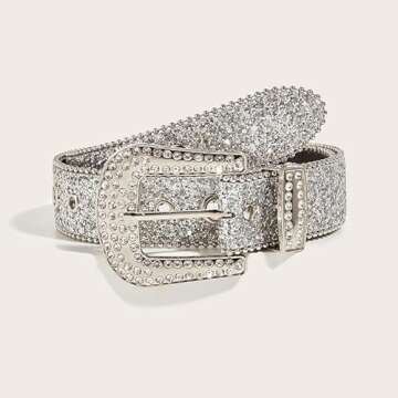 NociHah Silver Rhinestone-Belt Western-Cowgirl-Cowboy-Belts Vintage Bling Crystal Diamond Studded-Leather-Belt for Jean Pants (Silver)