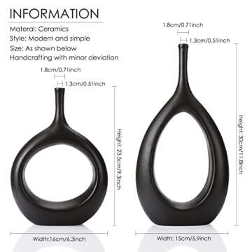 Ceramic Hollow Vases Set of 2, Flower Vase for Decor, Modern Decorative Vase Centerpiece for Wedding Dinner Table Party Living Room Office Bedroom, Housewarming Gift (Black)