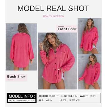 Dokotoo Hot Pink Button Up Tops for Women Long Sleeve Waffle Knit fall Jacket Loose Fit Boyfriends Pocket Outerwear winter coat Oversized Blouses fall outfits Small