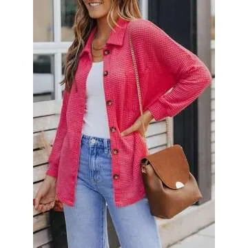 Dokotoo Hot Pink Button Up Tops for Women Long Sleeve Waffle Knit fall Jacket Loose Fit Boyfriends Pocket Outerwear winter coat Oversized Blouses fall outfits Small