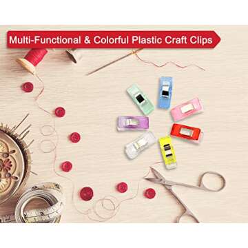 BamLue 100 Pieces Sewing Clips Multi-Color with Tin Box for Sewing Craft, Crafting, Crochet and Knitting, All Purpose Assorted Plastic Clips for Quilting Binding, Fabric, Paper Clips, Blinder Clips