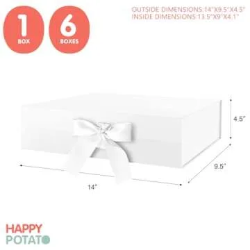 HAPPY POTATO 6 Large Gift Boxes with Ribbon 13.5x9x4.1 Inches, White Gift Boxes with Lids, Bridesmaid Proposal Boxes, Magnetic Gift Boxes for presents (Glossy White, Pack of 6)