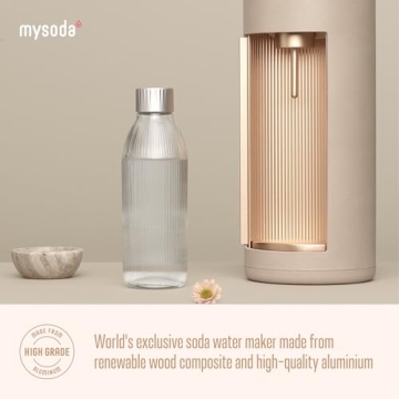 New Mysoda Glassy Design Sparkling Water Maker With 1L Glass & Plastic bottle - Silent Nordic Design Soda Maker Featuring A Sliding Door Opening - No Cylinder Included - Colour Latte