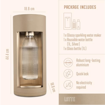 New Mysoda Glassy Design Sparkling Water Maker With 1L Glass & Plastic bottle - Silent Nordic Design Soda Maker Featuring A Sliding Door Opening - No Cylinder Included - Colour Latte