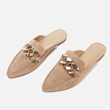 Juliet Holy Womens Mules Flats Pointed Toe Backless Loafers Slip on Metal Chain Slides Light Brown