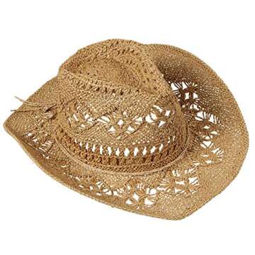 EOZY Men & Women's Summer Cowboy Cowgirl Straw Hat Hollow Out Woven Roll Up Wide Brim Hat/Camel