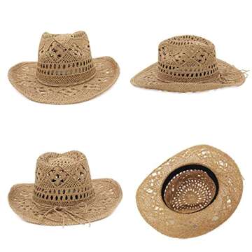 EOZY Men & Women's Summer Cowboy Cowgirl Straw Hat Hollow Out Woven Roll Up Wide Brim Hat/Camel