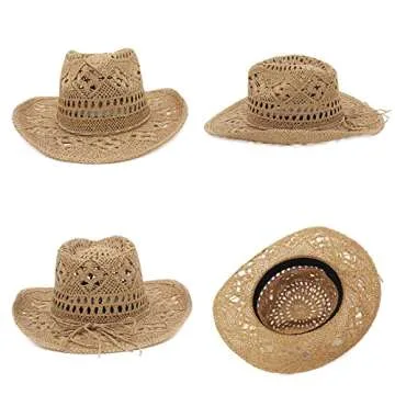 EOZY Men & Women's Summer Cowboy Cowgirl Straw Hat Hollow Out Woven Roll Up Wide Brim Hat/Camel