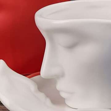 oliruim White Coffee Cup and Saucer Set - Ceramic Unique Kissing 8.5 oz Coffee Mug Set with Spoon, Face Coffee Cup and Saucer for Valentine, Wedding, Anniversary Decor (White)