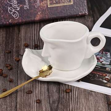 oliruim White Coffee Cup and Saucer Set - Ceramic Unique Kissing 8.5 oz Coffee Mug Set with Spoon, Face Coffee Cup and Saucer for Valentine, Wedding, Anniversary Decor (White)