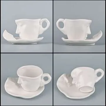 oliruim White Coffee Cup and Saucer Set - Ceramic Unique Kissing 8.5 oz Coffee Mug Set with Spoon, Face Coffee Cup and Saucer for Valentine, Wedding, Anniversary Decor (White)