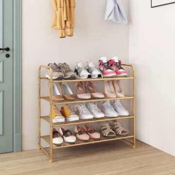 Simple Trending 4 Tier Stackable Shoe Rack, Expandable Adjustable Shoe Shelf Storage Organizer, Metal Mesh, Gold