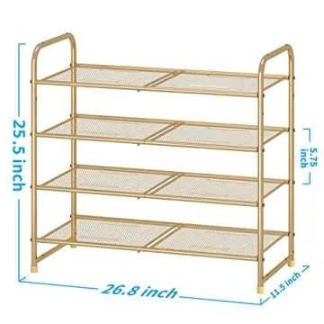Simple Trending 4 Tier Stackable Shoe Rack, Expandable Adjustable Shoe Shelf Storage Organizer, Metal Mesh, Gold