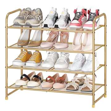 Simple Trending 4 Tier Stackable Shoe Rack, Expandable Adjustable Shoe Shelf Storage Organizer, Metal Mesh, Gold