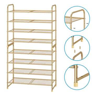 Simple Trending 4 Tier Stackable Shoe Rack, Expandable Adjustable Shoe Shelf Storage Organizer, Metal Mesh, Gold
