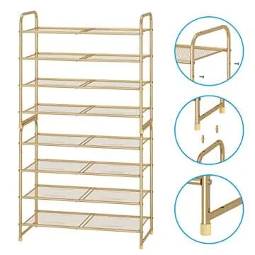 Simple Trending 4 Tier Stackable Shoe Rack, Expandable Adjustable Shoe Shelf Storage Organizer, Metal Mesh, Gold