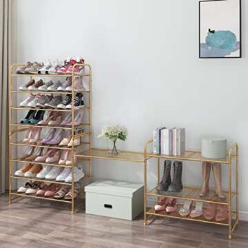 Simple Trending 4 Tier Stackable Shoe Rack, Expandable Adjustable Shoe Shelf Storage Organizer, Metal Mesh, Gold