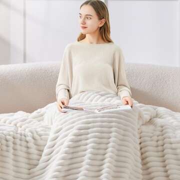 BEDELITE Fleece Throw Blanket for Couch - 300GSM Soft & Warm Fluffy Cream White Blanket, Decorative and Giftable Striped Blankets for Women, Men, 50"x60"