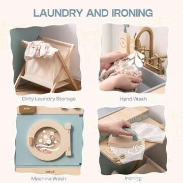 ROBOTIME Toy Kitchen Washer Playset, Wooden Toy Washing Machine for Kids with Clothes Basket, Iron and Sink, Pretend Toddlers Kitchen Toy with Accessories for Ages 3+