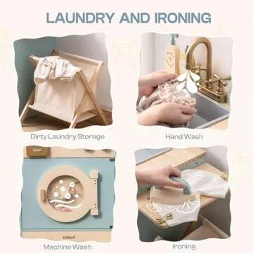 ROBOTIME Toy Kitchen Washer Playset, Wooden Toy Washing Machine for Kids with Clothes Basket, Iron and Sink, Pretend Toddlers Kitchen Toy with Accessories for Ages 3+