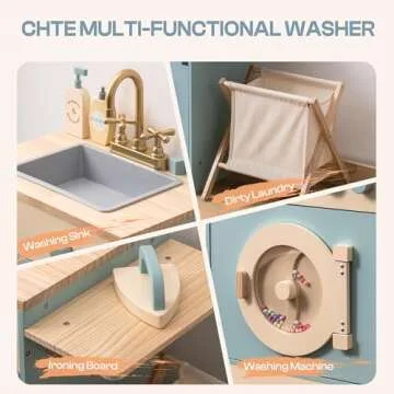 ROBOTIME Toy Kitchen Washer Playset, Wooden Toy Washing Machine for Kids with Clothes Basket, Iron and Sink, Pretend Toddlers Kitchen Toy with Accessories for Ages 3+