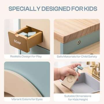 ROBOTIME Toy Kitchen Washer Playset, Wooden Toy Washing Machine for Kids with Clothes Basket, Iron and Sink, Pretend Toddlers Kitchen Toy with Accessories for Ages 3+