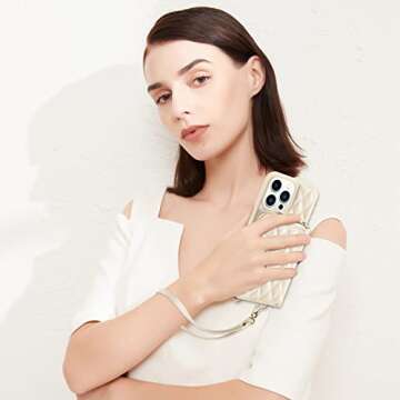 LAMEEKU Wallet Case Compatible with iPhone 12 Pro Max, Magnetic Wireless Charging Card Holder Case Quilted Leather Crossbody Wallet Case Compatible with iPhone 12 Pro Max, 6.7 Inch-Beige