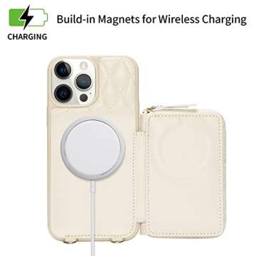LAMEEKU Wallet Case Compatible with iPhone 12 Pro Max, Magnetic Wireless Charging Card Holder Case Quilted Leather Crossbody Wallet Case Compatible with iPhone 12 Pro Max, 6.7 Inch-Beige