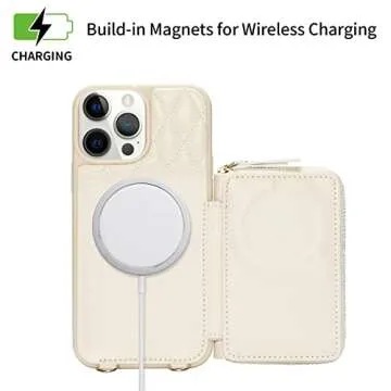 LAMEEKU Wallet Case Compatible with iPhone 12 Pro Max, Magnetic Wireless Charging Card Holder Case Quilted Leather Crossbody Wallet Case Compatible with iPhone 12 Pro Max, 6.7 Inch-Beige