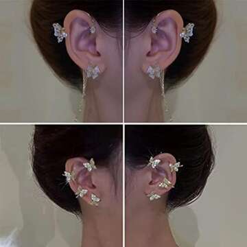 RIJXU 2 Pairs Dainty Silver Butterfly Ear Cuffs & Wraps for Women Non Piercing Bling Butterfly Tasse...